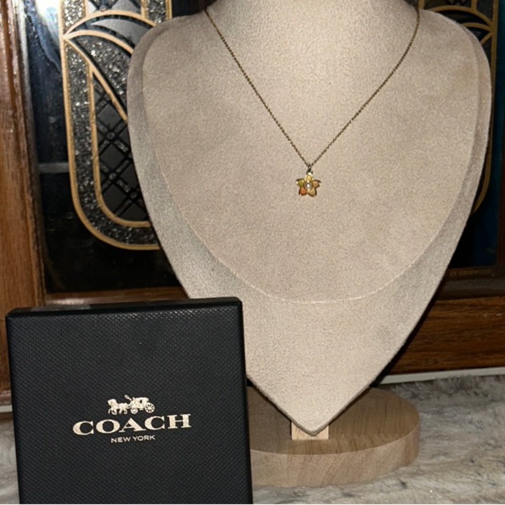 Coach Transparent Wildflower Pendant Necklace Gold Tone NWOT